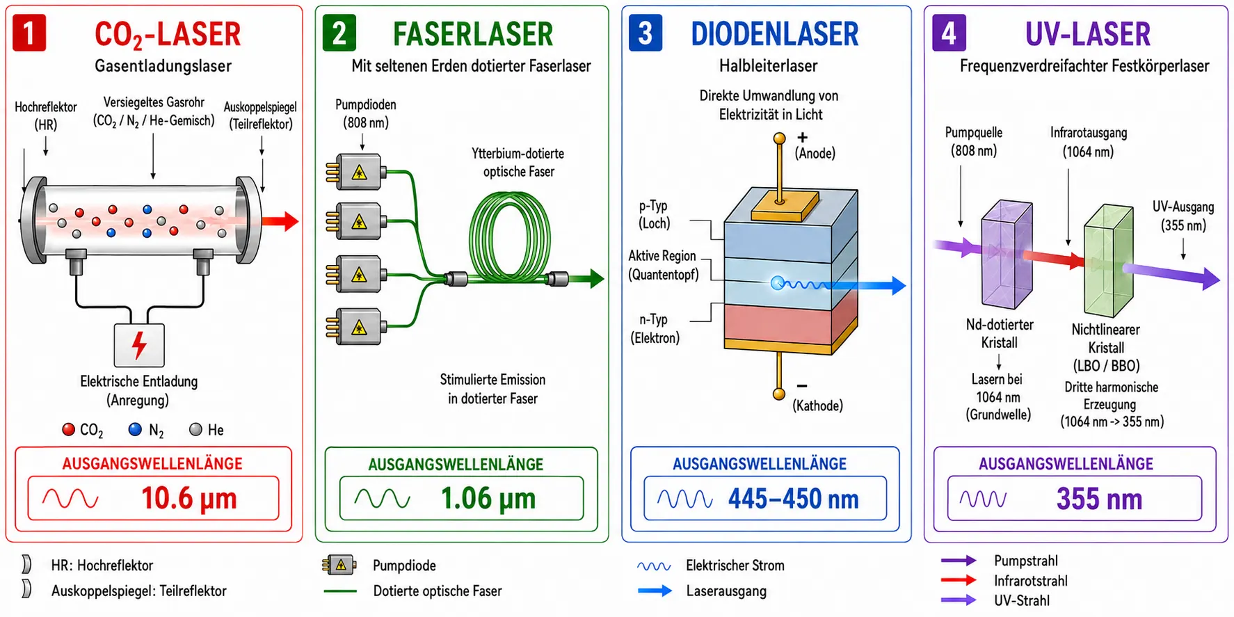 Vergleichsdiagramm der Strahlerzeugungsmechanismen von CO2-, Faser-, Dioden- und UV-Lasern